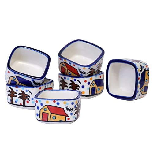 Image of Freakway Handpainted 6 Dips of Hut Ceramic Dip Bowl /Chutney Bowl /Pickle Bowl /Sauce Serving Bowl Set (50 ML, Small, 6-Pieces, Multicolour, Cartoon Shape Square)