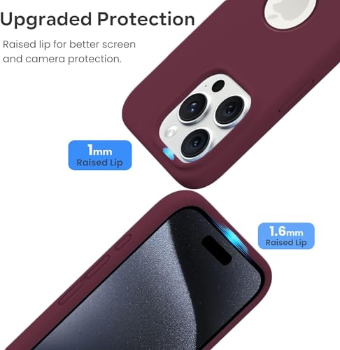 Image of VONZEE Microfiber Logo Cut Cover Compatible for iPhone 15 Pro Case Liquid Silicone Cases Non-Slip Full Body Protective Covers Shockproof Back Cover with High Raised Camera Lips (6.1 inch, Wine Red)