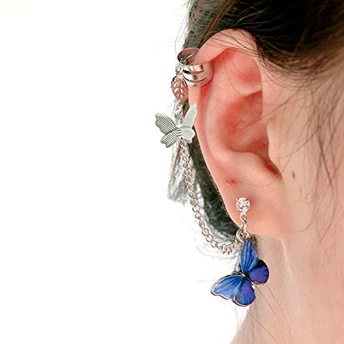 Brinco de corrente com clipe de orelha e borboleta pendente, feminino, estilo punk, joia de festa, 1