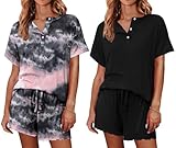 Ekouaer 2 Pack Womens Pajama Sets Short Sleeve Top with Shorts Soft Comfy Loungewear Sleepwear S