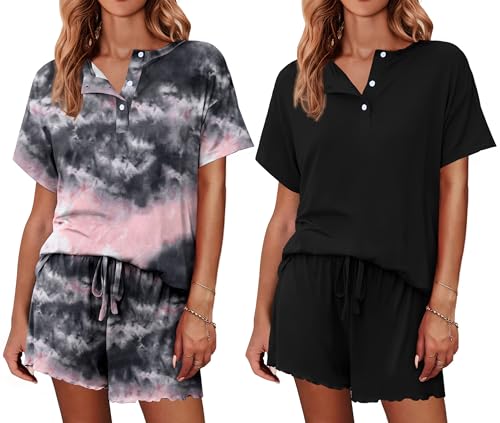 Image of Ekouaer 2 Pack Womens Pajama Sets Short Sleeve Top with Shorts Soft Comfy Loungewear Sleepwear S-XXL