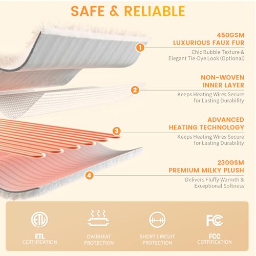 Image of Amelie Home Heated Bubble Faux Fur Blanket Electric - 50 inchx60 inch Heating Blanket Throw 2 /4 /6 /8 Hours Auto-Off 8 Heat Level Over-Heat Protection Electric ETL Certification Beige /Off White