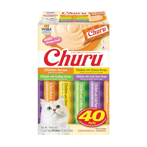 INABA Churu Cat Treats, Grain-Free, Lickable, Squeezable Creamy Purée Cat Treat/Topper, 0.5 Ounces Each Tube, 40 Tubes, Chicken Varieties Box
