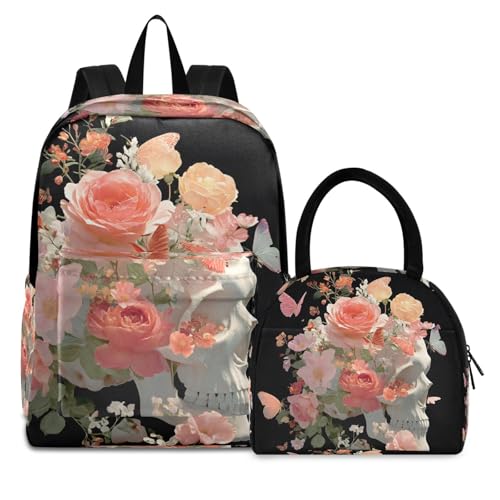 Backpack Lunch Bag Set Floral Skull Print, Big Storage Travel Backpacks with Insulated Lunch Box for Office Hiking Picnic