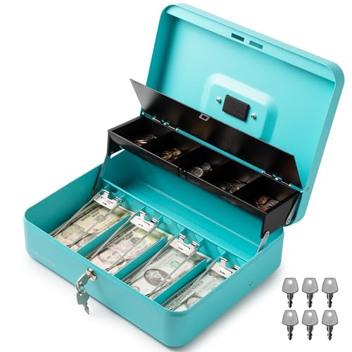 Volcora Large Cash Box with Key Lock, Metal Money Box for Cash, Portable Locking Safe Box with Money Tray, Durable Money Saving Organizer for Yard Sale, Garage Sale, Small Business, Cyan
