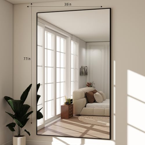 Image of BEAUTYPEAK 77 inchx38 inch Rectangle Full Body Floor Mirrors, Full Length Mirror Hanging or Leaning, Aluminum Alloy Frame Wall Mirror for Bedroom, Dressing Room, Black