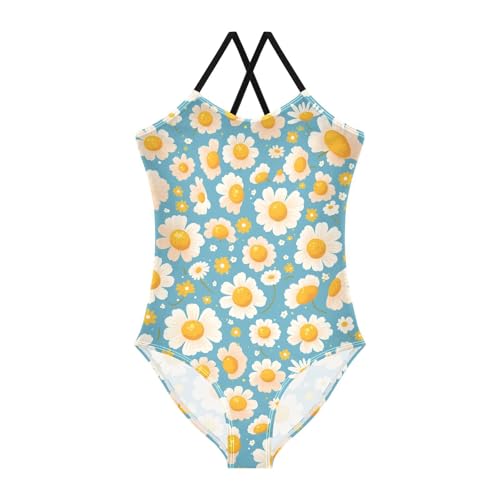 Polka Dots and Tender Chamomile Flowers Kids Girls 1 Piece Swimsuit Summer Swimming Suits with Adjustable Straps