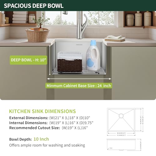 Image of 21-Inch Undermount Kitchen Sink, SINKVINE Stainless Steel Single Bowl | 21x18x10 Deep Prep Sink for Outdoor Kitchens, Bars, Laundry Rooms and RVs with Bottom Grid, Drain Strainer and Drying Rack