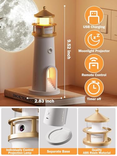 Image of Desidiya Lighthouse Lamp Galaxy Moon Projector Lamp Night Light LED Light with Remote, 4 Brightness Levels, Timer, USB Rechargeable Tabletop Light for Kids Bedroom & Aesthetic Room Decor