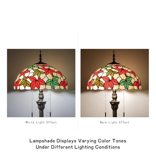 Image of Tiffany Floor Lamp, 16 inch Stained Glass Maple Leaf Shade with Antique Bronze Base, 2-Light E26 Pull Chain Standing Reading Light for Living Room Bedroom16x16x64 Inches (White Maple Leaf)