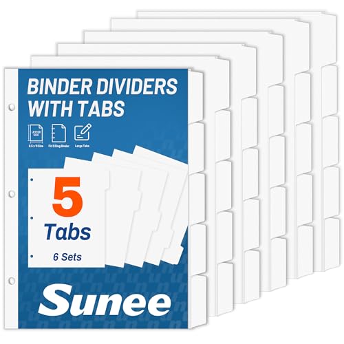 SUNEE Binder Dividers with Tabs for 3 Ring Binder, 8.5 x 11 Paper White Binder Dividers Blank with 5 Tabs, 6 Sets Page Dividers for School, Office and Home, 30 Dividers