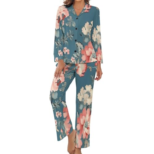 Pyjama femme grande taille à fleurs orientales et chemise boutonnée