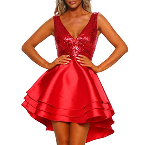 iHAZA Women Sleeveless V-Neck Sequin Pleated Dress Irregular Evening Dress Mini Dresses Red