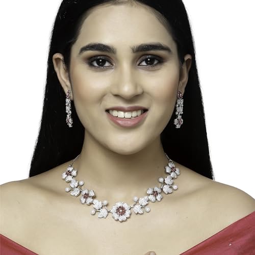 ZENEME Rhodium-Plated Cubic Zirconia Studded Floral Theme Necklace With Earrings Jewellery Set For Girls and Women - Image 4