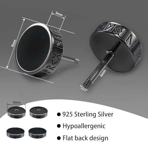 FEEL STYLE 925 Sterling Silver Viking Rune Stud Earrings for Men Women Natural Black Onyx Flat Back Stud Earrings Hypoallergenic2