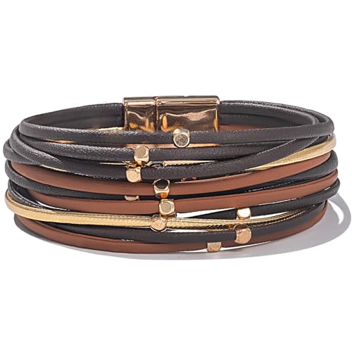 FANCY SHINY Beaded Leather Wrap Bracelets Cute Boho Stackable Bangle Cuff with Magnetic Clasp