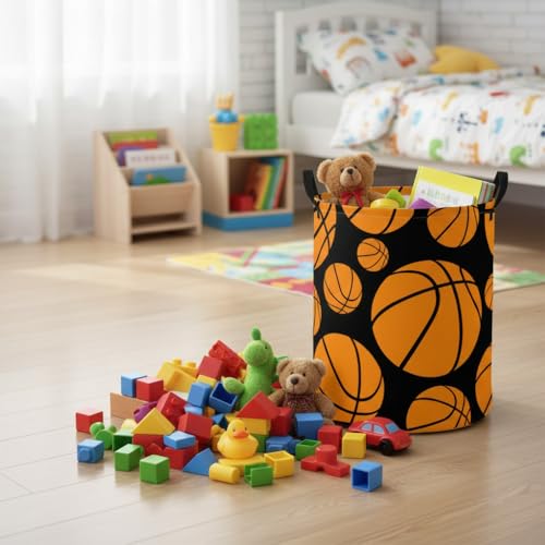 Image of Baby Laundry Basket Baby Nursery Hamper Kids Laundry Basket Toy Storage Bin for Boys Room Decor Gift Baskets for Bedroom Bathroom(Basketball)