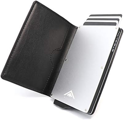 STEALTH Wallet RFID Card Holders - Smart Minimalist NFC Blocking Pop Up Wallets with Gift Box - Slim Lightweight Metal Credit Cards Holder & Contactless Protector (Grey Aluminium with Black Leather)