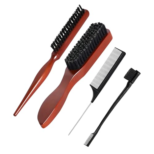 4 Pcs Slick Back Hair Brush, Slick Brush with Plastic Comb and Eyebrow Brush, Smoothing Hair Brush, for Styling, Teasing & Beard Grooming on Thick, Curly, Dry or Damaged Hair
