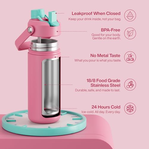 Image of ENCOOL Insulated Water Bottle with Straw Stainless Steel Water Bottle, Leak-Proof, BPA-Free, Double Wall Vacuum Keeps Cold for 24 Hours for Sports, Travel, School (18 oz, Tulip)