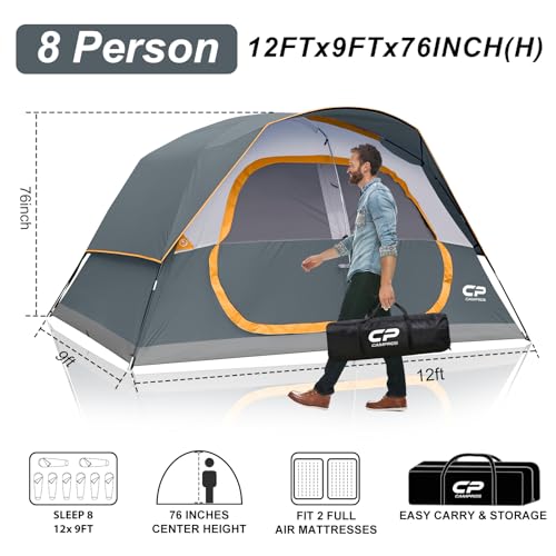 Image of CAMPROS CP Upgraded 6 /8 Person Camping Tents, Waterproof Windproof Family Tent with Larger Mesh Windows & Door, Double Layer, Easy Set Up, All-Season Dome Tent with Top Rainfly & Carry Bag