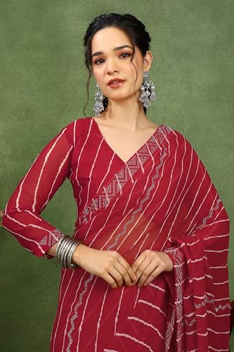 Image of MIRCHI FASHION Saree for Woman Georgette Solid with Satin Stripes | Stone Border Farewell and Ceremonial Sari with Blouse Piece