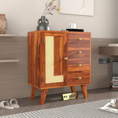 Image of Solid Sheesham Wood Chest of Drawers with Cane Panel | Wooden Storage Cabinet with 4 Drawers & 1 Door