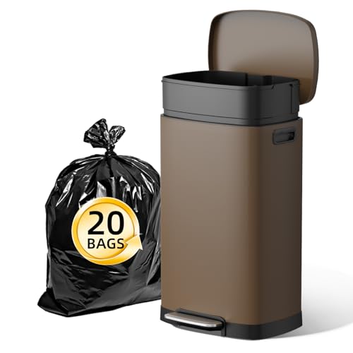 Image of KUK 13 Gallon Kitchen Trash Can with Lid, 50L /13Gal Office Step Garbage Can for Home, Kitchen, Laundry Room, Office, Brushed Stainless Steel, Brown