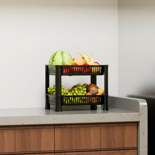 Image of Multipurpose Plastic Storage Rack for Kitchen | Foldable Vegetable & Fruit Organizer Stand for Onion, Potato, Sabji | Countertop Multi-Layer Basket Rack for Home, (Black, 2 layer)