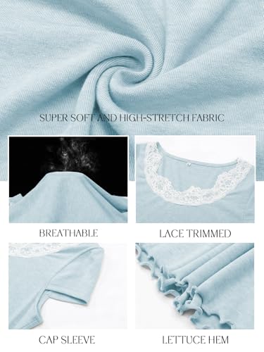 Image of Outfeel Women's Lace Trim Scoop Neck Cap Sleeve Cropped Tee, Soft Stretch Slim Fit Coquette Balletcore Summer Going Out Top
