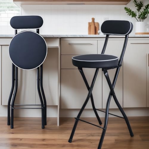 UWEAR 1 PCS Folding Bar Stool with Back, Tall Foldable Stool Seat Padded Portable Stools Counter Height Foldable Stools Chairs Collapsible Stool for Adults Kitchen Island (Black)