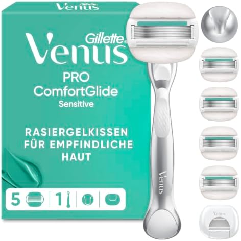 Gillette Venus Pro Comfortglide Sensitive Rasierer Damen, Silber | Inkl. 1 Nassrasierer, 5 Rasierklingen mit Einem Hauch von Aloe Vera, Duschhalterung Und Klingen-Schutzkappe