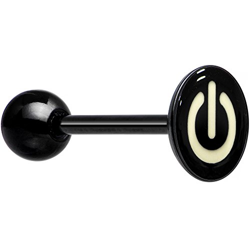 Body Candy Anodized Titanium Over Steel Black Power Button Glow in The Dark Barbell Tongue Ring