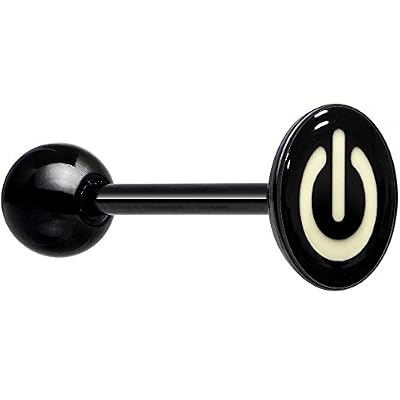 Body Candy Anodized Titanium Over Steel Black Power Button Glow in The Dark Barbell Tongue Ring