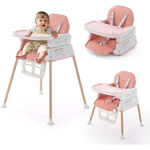 3 in 1 Baby High Chair, Portable High Chairs for Babies and Toddlers, Adjustable Convertible Infant Baby Feeding Chair Booster for Eating with Detachable Double Tray, 5 Point Harness, Footrest Pink Cover