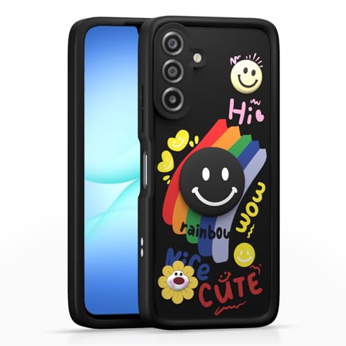 Image of Pikkme Back Cover for Samsung Galaxy M17 5G / A17 5G / F17 5G | Soft Silicone| Cute Rainbow Smile & 3D Cartoon Flower Design | Shockproof Raised Camera Protection Bumper Case (Black)