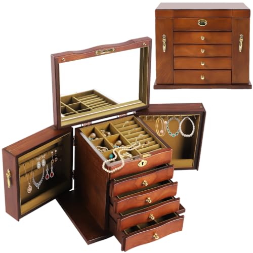 YESTAIM Joyero de madera de 5 niveles, hecho a mano, de madera maciza, retro, caja de joyería para mujer, con cajones, cerradura de espejo, organizador de almacenamiento de joyas para relojes, anillos