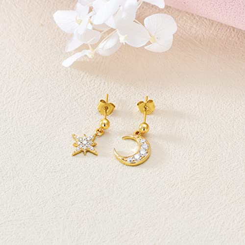 14K Real Gold Moon & Star Drop Stud Earrings For Women Small Dainty Earrings For Girls Gifts For Her Christmas #TOP1