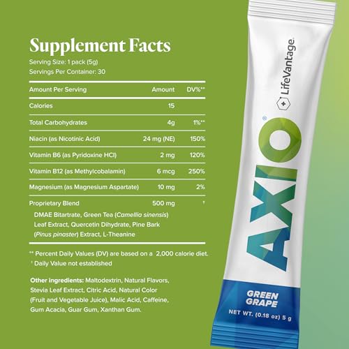 Image of LifeVantage AXIO Regular Energy Drink Powder, Nootropic Supplement, Focus & Mood Support, with L-theanine, Green Tea, B Vitamins, DMAE, Quercetin & Pine Bark, Green Grape, 30 Packets