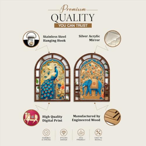 Image of Artvibes Peacock & Royal Elephant Theme Wall Art Decor | Decorative Wall Jharokha Mirror for Living Room, Hall, Bedroom, Foyer, Office & Dining Room | Gift for Mom & Dad (WH 12035N), Set of 2