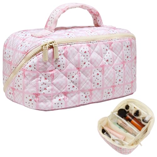 Large Pink Bow Floral Travel Makeup Bag Lay Flat Quilted for Women Airplane Essentials,...