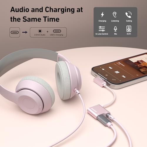 Image of BENFEI USB C to Audio Jack Adapter with 60W Fast Charging, USB-C to 3.5mm Female Headphone Compatible with iPhone 16 /15 Pro Max /Pro, Samsung Galaxy S24 /S23 /S22 /S21 Ultra, iPad Pro, Pixel 8 Pink
