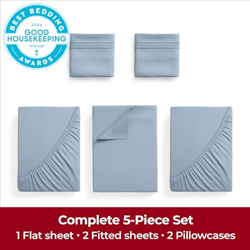Image of Mellanni Extra Deep Split King Sheets - 5 PC Iconic Collection Bedding - Luxury, Ultra Soft, Cooling Bed Sheets - Wrinkle, Fade, Stain Resistant (Split King, Blue Hydrangea)