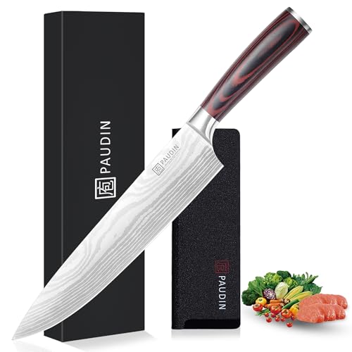 PAUDIN Küchenmesser, Kochmesser 25 cm, Profi Messer Scharfes Chefmesser, Edelstahl Fleischmesser mit Pakkaholz Griff, Kochmesser profi Messer aus Hochwertiger Carbonstahl, Geschenke für Männer PAUDIN Küchenmesser, Kochmesser 25 cm, Profi Messer Scharfes Chefmesser, Edelstahl Fleischmesser mit Pakkaholz Griff, Kochmesser profi Messer aus Hochwertiger Carbonstahl, Geschenke für Männer