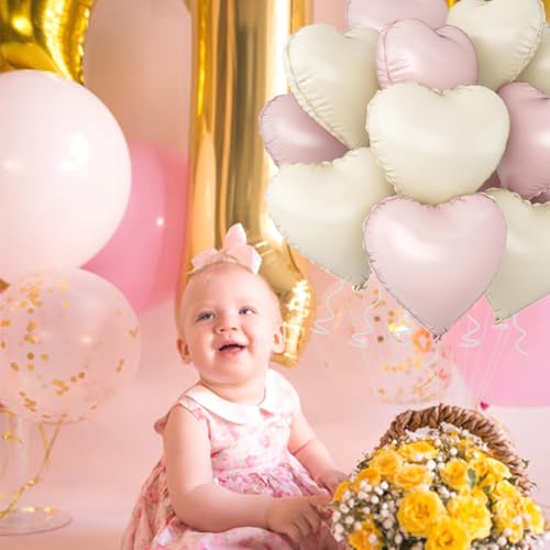 Image of Baby Pink & Baby White Heart Balloons，18 Inch Foil Love Heart Shaped Balloons for Valentines Birthday Wedding Engagement Anniversary Party Graduation Baby Shower Decorations 12Pcs