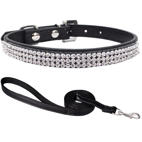 Suiecuor Collare Cane Taglia Piccola, Collare e Guinzaglio in Pelle con Strass, Design Elegante con Hardware in Lega di Zinco, Adatto per Cani di Piccola, Media e Grande Taglia, Nero XS