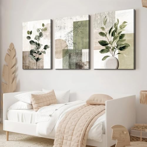 Tableau imprimé sur toile abstrait végétal géométrique de 30x45cm avec cadre de 3 pièces