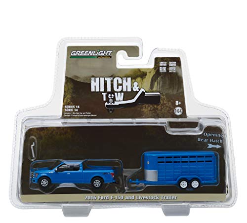 2016 Ford F-150 4X4 Pickup Truck with Livestock Trailer Blue Hitch & Tow Series 14 1/64 Diecast Models by Greenlight 32140 C