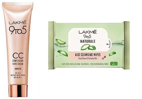 Image of LAKME 9To5 Natural Aloe Cleansing Wipes, 25 Wipes & 9 To 5 Complexion Care Face Cc Cream, Bronze, Spf 30, Conceals Dark Spots & Blemishes, 9G
