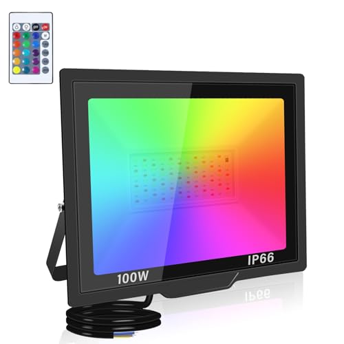 SKYWORLD Luz de inundación LED RGB de 100W, luz de inundación LED para exteriores con control remoto, IP66 a prueba de agua,luces decorativas RGBW de 6000K para Halloween, fiesta de cumpleaños,1 pieza